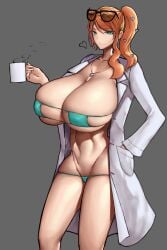 1girls absurdres aqua_eyes bakunyuu bikini bikini_bottom bikini_top black_background black_eyewear black_frame_glasses breasts breasts_bigger_than_head bursting_breasts cleavage closed_mouth coffee_mug collarbone contrapposto cowboy_shot creatures_(company) cup curvaceous eyepatch_bikini eyewear_on_head feet_out_of_frame female framed_eyewear full_cleavage game_freak gigantic_breasts glasses_on_head green_bikini green_eyes green_eyes_female grey_background hair_ornament hand_in_pocket heart heart_hair_ornament heart_pendant hi_res highres hourglass_figure human jewelry labcoat light-skinned_female light_skin long_hair long_sleeves looking_at_viewer lowleg lowleg_bikini micro_bikini micro_bikini_bottom micro_bikini_top mug necklace nintendo no_pubic_hair orange_hair orange_hair_female out_of_frame pelvic_line pendant pendant_necklace pokemon pokemon_(game) pokemon_professor pokemon_ss shaved_crotch shaved_pussy side_ponytail simple_background skindentation slim_waist slutty_outfit smile smiling_at_viewer solo solo_female sonia_(pokemon) standing swimsuit toned toned_body toned_female top_heavy_breasts voluptuous voluptuous_female white_coat white_lab_coat wolffeld wolffeld_price