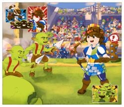 bone_deker bow clash_(series) clash_royale clothed clothed_female clothed_male clothing comic comic_page crown fully_clothed fully_clothed_female goblin goblin_(clash_royale) goblin_male heart heart-shaped_pupils imminent_rape princess_(clash_royale) stadium stadium_background suppercell tagme