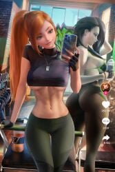 2girls big_breasts bikini_top bubble_butt disney female female_only gym hourglass_figure kim_possible kimberly_ann_possible large_ass multiple_girls sakimichan shego smile thick_thighs tiktok tiktok_overlay underboob