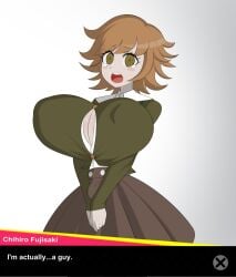 1boy big_breasts brown_hair bulge bulge_through_clothing bursting_breasts busty_boy button_gap crossdressing danganronpa danganronpa:_trigger_happy_havoc dialogue dialogue_box femboy femboy_with_breasts fujisaki_chihiro green_eyes huge_breasts large_breasts male male_with_breasts nipple_bulge no_background sealguy skirt solo solo_male straining_buttons tears text text_box tight_clothing trap white_background