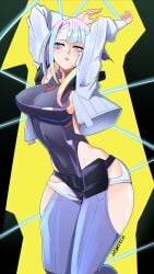 arms_up big_breasts cd_projekt_red ceroccb cyberpunk:_edgerunners cyberpunk_2077 female female_only light-skinned_female light_skin lucyna_kushinada monowire narrow_waist netflix studio_trigger thick_thighs white_hair wide_hips