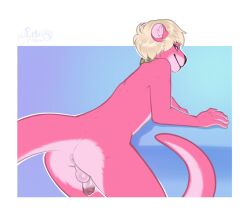 anthro anus ass backsack balls blonde_hair blue_sclera border closed_smile collar flaccid fur genitals green_collar grey_eyes hair humanoid_genitalia humanoid_penis leaning leaning_forward looking_back lutrine male mammal mouth_closed mustelid nude penis penis_backwards pink_balls pink_body pink_fur pink_penis presenting presenting_anus presenting_balls pupbii signature simple_background solo standing three-quarter_view white_border