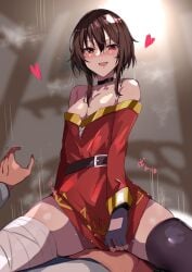 1boy areola_slip bandaged_leg bandages bangs belt black_choker black_gloves blush breasts brown_belt brown_hair choker clothed_sex cowgirl_position dress female fingerless_gloves gloves heart highres kono_subarashii_sekai_ni_shukufuku_wo! looking_at_viewer megumin motion_lines muoto oerba_yun_fang open_mouth red_dress red_eyes satou_kazuma sex short_hair short_hair_with_long_locks sidelocks single_thighhigh skin_fang solo_focus straddling straight sweat thighhighs