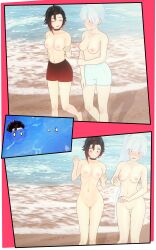 2girls 3d beach clothes_removed embarrassed embarrassed_nude_female enf exhibitionism fefreak726 male_swimwear male_swimwear_challenge mens_swimsuit_challenge nipples nude public public_nudity ruby_rose rwby shorts small_breasts stripped stripped_naked swimming_trunks swimsuit topless weiss_schnee