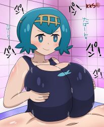 1boy 1girls alolanfirestone alternate_breast_size alternate_version_available bathroom bathtub big_breasts blue_eyes blue_hair blue_swimsuit blush breasts clothed_paizuri color engulfing_paizuri gigantic_breasts happy happy_paizuri happy_sex headwear heart highres huge_breasts japanese_text lana_(pokemon) large_breasts motion_lines nintendo one-piece_swimsuit paizuri paizuri_lead_by_female paizuri_on_lap pokemon pokemon_sm smile sound_effects straight swimsuit text tile_wall