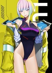 big_breasts cd_projekt_red cyberpunk:_edgerunners cyberpunk_2077 female female_only keiryuu_seo leotard light-skinned_female light_skin looking_at_viewer lucyna_kushinada netflix open_jacket smirk studio_trigger thick_thighs