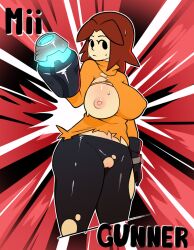 1girls areolae arm_cannon big_breasts breast_outside breasts breasts_out_of_clothes breasts_outside brown_hair cowboy_shot endless_inferno erect_nipples expressionless female female_only gloves looking_at_viewer looking_to_the_side mii mii_gunner mii_gunner_(smash_4) mob_face navel nintendo nipples no_bra no_panties orange_hair orange_shirt orange_sweater orange_turtleneck posing puffy_areola puffy_nipples red_background skin_tight solo solo_focus standing super_smash_bros. super_smash_bros._for_nintendo_3ds_and_wii_u sweat thick thick_thighs torn_clothes torn_legwear torn_shirt turtleneck vagina victory victory_pose wide_hips yoga_pants