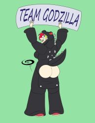 1girls anthro artist_signature back_view butt_flap cartoon_network commission demencia_(villainous) frostbiteboi godzilla_(cosplay) holding_object holding_sign onesie pajamas red_hair sign smile villainous white_skin