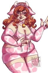 1girls bbw big_breasts big_thighs chubby chubby_female cow_ears cow_print cowbell curly_hair dx3draws fat female_only gray_eyes lingerie morgan_kendrick pin-up red_hair rozenrotdark tagme