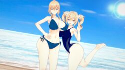 2girls ass barbara_(genshin_impact) beach big_ass big_butt bikini blonde_hair busty female female_only genshin_impact jean_gunnhildr koikatsu multiple_girls nun rhcpftw sisters swimsuit thick_thighs thighs twintails