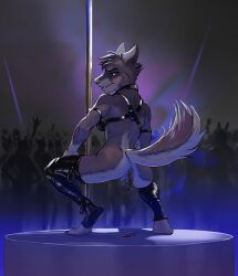 anthro athletic blush bottomless canid canine canis clothed clothing crowd domestic_dog exhibitionism feces female group hadalmartian harness hi_res horny husky latex leggings legwear lingerie mammal nordic_sled_dog nude platform pole public scat scat smile solo solo_focus spitz stage stripper