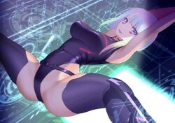 1girls armpits arms_up big_ass big_breasts cd_projekt_red consome2021 cyberpunk:_edgerunners cyberpunk_2077 female female_only leotard light-skinned_female light_skin lucyna_kushinada netflix studio_trigger thick_thighs white_hair