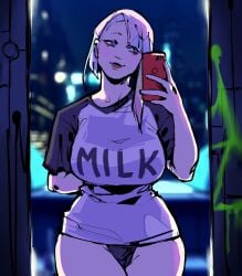 1girls big_breasts bottomless cd_projekt_red cyberpunk:_edgerunners cyberpunk_2077 female female_only light-skinned_female light_skin lucyna_kushinada maggoo milk netflix no_pants panties selfie shirt_only studio_trigger thick_thighs white_hair