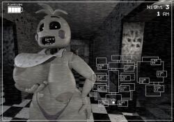 1boy 1girls 3d adjajdaks animatronic camera_view curvy_figure five_nights_at_freddy's foxy_(fnaf) huge_ass huge_breasts looking_at_camera looking_at_viewer solo_female source_filmmaker toy_chica_(fnaf)