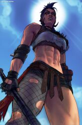 1girls 2d abs blizzard_entertainment dark-skinned_female female female_only junker_queen know_your_place looking_at_viewer low-angle_view meme mildly_muscular_woman muscular muscular_female overwatch overwatch_2 solo thick_thighs upshot wallace_pires weapon