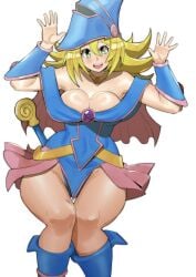 1girls bare_shoulders blonde_hair blush breasts cleavage clothed clothing dark_magician_girl doublehero duel_monster female female_only green_eyes hat looking_at_viewer necklace open_mouth open_smile simple_background smile solo solo_female thick_thighs white_background wide_hips yu-gi-oh!