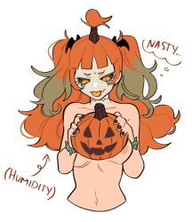 1girls :p bat_hair_ornament black_sclera english_text female female_only halloween hi_res jack-o'-lantern jackie_lanturne_(porqueloin) light-skinned_female light_skin long_hair looking_down monster_girl narrowed_eyes nude nude_female object_between_breasts orange_eyes orange_hair porqueloin pumpkin solo thought_bubble tongue_out twintails upper_body white_background white_face