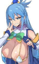 absurdres aqua_(konosuba) areola_slip big_areola blue_eyes blue_gemstone blue_hair bow breasts bright_pupils choker covered_nipples female frilled_choker frills gem green_bow grey_background hair_between_eyes highres kono_subarashii_sekai_ni_shukufuku_wo! large_areolae large_breasts lifted_by_self light_blue_hair long_hair looking_at_viewer navel sagging_breasts see-through shiny shiny_skin shirabe_shiki simple_background sketch skindentation sleeves_past_wrists smile smug smug_face smug_grin smug_smile snicker solo string_bikini_top string_bra teeth torpedo_breasts upper_body veins veiny_breasts white_pupils