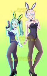 2girls bunny_ears bunnysuit cd_projekt_red cyberpunk:_edgerunners cyberpunk_2077 female female_only firearm gun handgun heels high_heels human light-skinned_female light_skin lucyna_kushinada netflix pale_skin pantyhose pegasusarts rebecca_(edgerunners) studio_trigger weapon