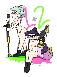 boots brown_eyes callie_(splatoon) green_hair lewdiesquid marie_(splatoon) nude purple_hair simple_background splatoon tagme tentacle_hair