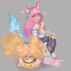 ahri duo facesitting fart fart_fetish league_of_legends luxanna_crownguard melonarts2_(artist) riot_games smelly_ass smile spirit_blossom_ahri spirit_blossom_series sweat sweaty sweaty_butt