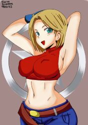 1girls armpits arms_behind_head big_breasts blonde_hair blue_eyes blue_mary breasts busty covered_erect_nipples denim fatal_fury female female_only green_eyes highres jeans king_of_fighters large_breasts looking_at_viewer midriff okyou open_mouth pants pose short_hair smile snk voluptuous