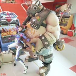 1boy 1girls 3d 3d_(artwork) activision arcade b9n big_penis blizzard_entertainment brown_eyes brown_eyes_female brown_hair brown_hair_female bunny_girl d.va fully_clothed gamer_girl hana_song light-skinned_female light_skin male obese obese_male overwatch roadhog thigh_job thigh_sex thighs