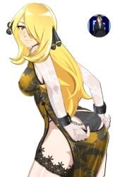 1girls ass big_breasts blonde_hair bondage bossbb41 busty chinese_clothes cuffs cynthia_(pokemon) female female_only large_breasts legs long_hair looking_at_viewer nintendo pokemon sideboob slave smile thighs yellow_eyes