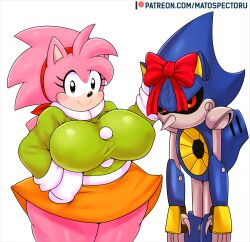 1boy 1girls amy_rose anthro breast classic_amy_rose female female_focus furry hedgehog hedgehog_humanoid hips large_breasts male male_focus matospectoru metal_sonic nipple_bulge pink_fur pink_hair red_eyes ribbon robot robot_boy sega skirt sonic_(series) sonic_cd sonic_mania sonic_the_hedgehog_(series) thick_thighs thighs white_background