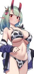 1girls animal_print big_breasts bikini breasts busty character_request cleavage cow_print demon_girl female female_only green_hair highres large_breasts legs light-skinned_female light_skin low_ponytail medium_hair navel open_mouth red_eyes solo swimsuit thighs ushimochi voluptuous