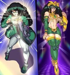 1boy accessory armwear blank_(captain_kirb) bulge captain_kirb costume_switch costume_transformation dark_green_hair duel_disk femboy glasses green_hair heels jacket legwear male male_only millennium_necklace necklace pants shoes shorts thick_thighs thighhighs transformation wide_hips yu-gi-oh!