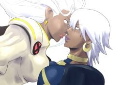 2girls breast_press d_(atelierd) dark-skinned_female dark_skin earrings female female_only fully_clothed imminent_kiss lipstick marvel marvel_comics ororo_munroe selfcest storm_(x-men) tagme white_background white_eyes white_hair white_outfit x-men x-men:_the_animated_series yuri