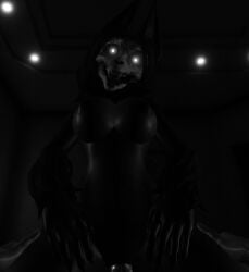 anthro bedroom breasts canid canine cowgirl_position duo female from_front_position garwaron glowing glowing_eyes goat_vr greyscale looking_at_viewer male male/female mammal mask monochrome monster on_bottom on_top scp-1471 scp-1471-a scp_foundation sex skull_mask