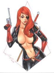 1girls big_breasts black_eyepatch elias_chatzoudis latex_suit long_hair looking_at_viewer molotov_cocktease red_hair red_lipstick skin_tight tagme upper_body venture_brothers