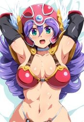 1girls aqua_eyes armor armpits arms_behind_head bed big_breasts bikini_armor blush breasts busty cleavage clothing dragon_quest dragon_quest_iii female female_only hi_res konpeto large_breasts long_hair lying open_mouth pose purple_hair smile soldier_(dq3) solo square_enix toned