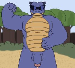 anthro big_pecs big_penis blastoise blue_body blue_skin eyewear flexing_bicep flexing_muscles forest generation_1_pokemon genitals hand_on_stomach hi_res humanoid male male_focus muscular muscular_male nintendo nude pecs penis plant pokemon pokemon_(species) slightly_chubby slightly_chubby_anthro slightly_chubby_male smile solo solo_focus sunglasses toridiaz tree video_games