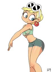 1girls 2019 alternate_hairstyle anonymouse applying_sunscreen blush cleavage earrings eyebrows_visible_through_hair glistening glistening_body hand_on_arm leni_loud nickelodeon pinup ponytail shorts signature slender solo solo_female solo_focus sports_bra standing sunglasses sunglasses_on_head the_loud_house thighs white_background