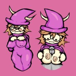 >_< 1boy 1girl1boy 1girls anon blush embarrassed glasses horns horns_through_headwear large_breasts nipples_visible_through_clothing paizuri peetu purple_clothing roblox roblox_game rule_63 tower_heroes voluptuous wizard wizard_(tower_heroes) wizard_robe wizard_robes