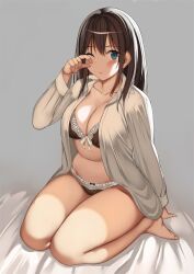 barefoot blue_eyes blush bra breasts brown_hair collarbone kneeling kureha_(ironika) lingerie one_eye_closed open_shirt original tsubasa_(kureha)