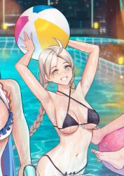 3girls absurdres ahoge alear_(female)_(fire_emblem) alear_(fire_emblem) alternate_costume armpits ball bangs beachball bikini black_bikini blue_eyes braid breasts city_lights cityscape commission earrings eitri_(fire_emblem) feet fire_emblem fire_emblem_engage fire_emblem_fates fire_emblem_heroes grey_hair highres holding holding_ball innertube jewelry long_hair looking_at_viewer low_twintails medium_breasts micro_bikini multicolored_hair multiple_girls navel night nina_(fire_emblem) non-web_source parted_bangs pool shizuko_hideyoshi smile swimsuit twin_braids twintails very_long_hair white_bikini