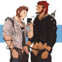 2boys bigbaraboi chains dicks_out facial_hair fate_(series) flaccid iskandar_(fate) male male/male male_focus male_only napoleon_bonaparte_(fate) penis_out red_hair tagme