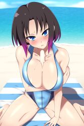 1girls beach big_breasts blue_eyes blush breasts elma_(dragon_maid) eye_contact female female_focus female_only ice_cream ice_cream_on_breasts light_skin lindaroze looking_at_viewer miss_kobayashi's_dragon_maid purple_hair short_hair solo swimsuit thick_thighs thighs