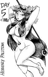 arms_behind_head arms_up ass barefoot breasts female female_only godiva_hair hair_covering_breasts hair_covering_nipples hair_over_breasts inktober inktober_2022 kid_icarus kid_icarus_uprising long_hair mastermario90 monochrome navel_jewelry navel_piercing nintendo palutena staff tagme