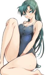 1girls barefoot blue_eyes blush breast_press breasts competition_school_swimsuit earrings female female_only fire_emblem fire_emblem:_the_blazing_blade green_eyes green_hair high_ponytail jewelry long_hair lyn_(fire_emblem) nintendo one-piece_swimsuit ponytail sajittari school_swimsuit sitting solo source_request swimsuit