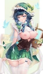 areolae blue_hair bowtie breasts genderswap genderswap_(mtf) genshin_impact green_eyes hat highres holding huge_breasts legwear light-skinned_female looking_at_viewer melailai miniskirt multicolored_hair nipple_piercing nipples no_bra open_shirt pale-skinned_female rule_63 shirt skirt solo solo_female standing thick_thighs thighhighs thighs venti_(genshin_impact) white_legwear white_thighhighs