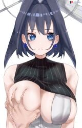 1boy 1girls big_breasts blue_eyes blue_hair breast_grab breast_squeeze breast_squish cleavage hololive hololive_english hololive_english_-council- hololive_english_-promise- looking_away o22no ouro_kronii simple_background upper_body virtual_youtuber