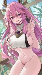 animal_ears bangs bare_shoulders blush bottomless breast_hold breasts catsmoon cowboy_shot earrings female fox_ears genshin_impact groin hair_between_eyes hair_ornament highres jewelry large_breasts long_hair looking_at_viewer navel oerba_yun_fang pink_hair plant purple_eyes sidelocks sitting solo stomach table thighs v yae_miko