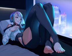 1girls asian asian_female barefoot big_ass blue_eyes cd_projekt_red cyberpunk:_edgerunners cyberpunk_2077 feet female female_only light-skinned_female light_skin lucyna_kushinada netflix qingjiao_rou_si red_toenails streetwear studio_trigger thick_thighs toenail_polish toes white_hair