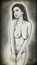 black_and_white idrawnudeladies jennifer_connelly large_breasts long_hair naked nude nude_female real_person realistic