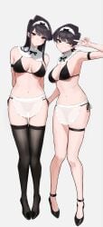 2girls apron asian asian_female black_hair blush bra breasts eye_contact female female_only komi-san_wa_komyushou_desu komi_shouko komi_shuuko legwear light_skin long_hair looking_at_viewer maid_bikini maid_outfit mature_female milf mother_and_daughter peace_sign short_hair standing takita thighhighs thighs younger_female